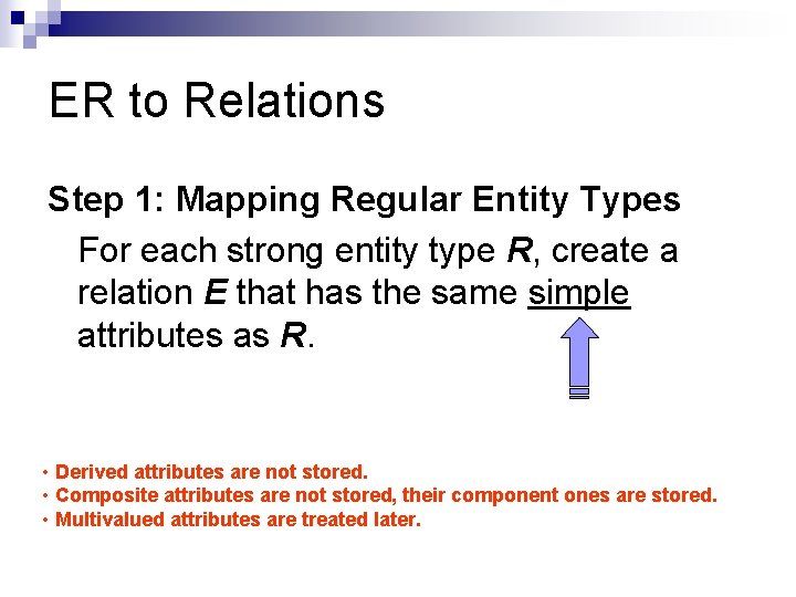 ER to Relations Step 1: Mapping Regular Entity Types For each strong entity type