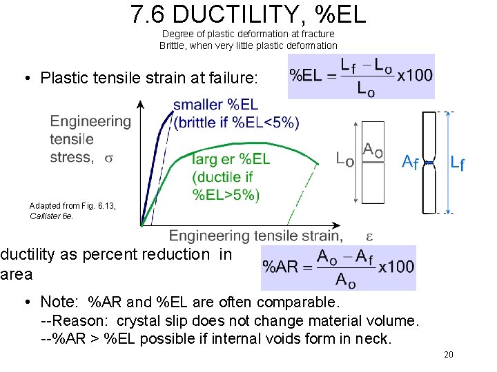 7. 6 DUCTILITY, %EL Degree of plastic deformation at fracture Brittle, when very little