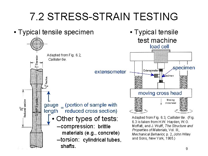 7. 2 STRESS-STRAIN TESTING • Typical tensile specimen • Typical tensile test machine Adapted