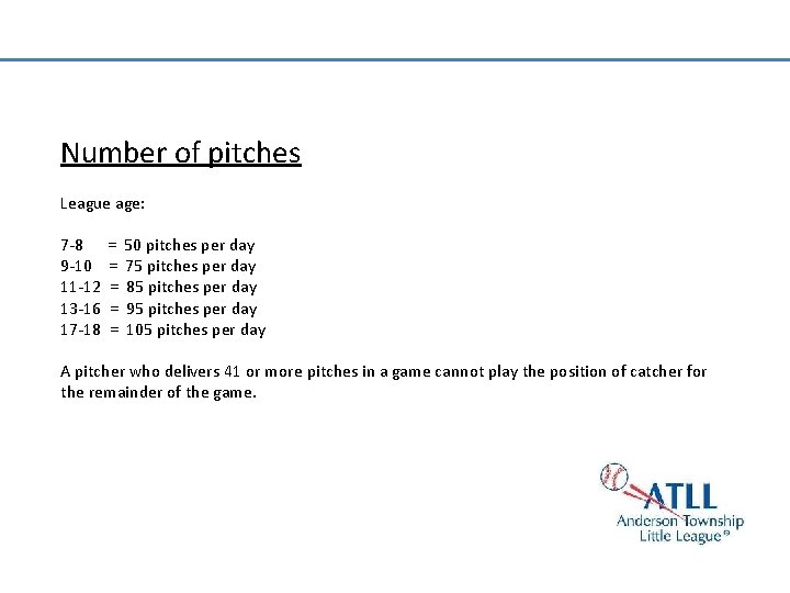 Number of pitches League age: 7 -8 9 -10 11 -12 13 -16 17
