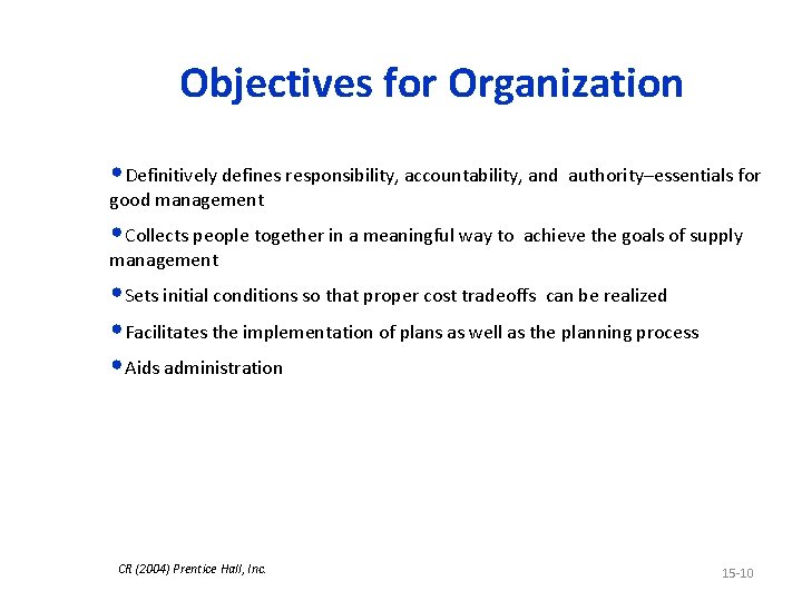 Objectives for Organization • Definitively defines responsibility, accountability, and good management • Collects people