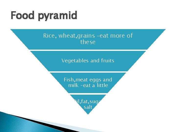 Food pyramid Rice, wheat, grains –eat more of these Vegetables and fruits Fish, meat
