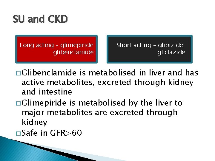 SU and CKD Long acting – glimepiride glibenclamide � Glibenclamide Short acting – glipizide