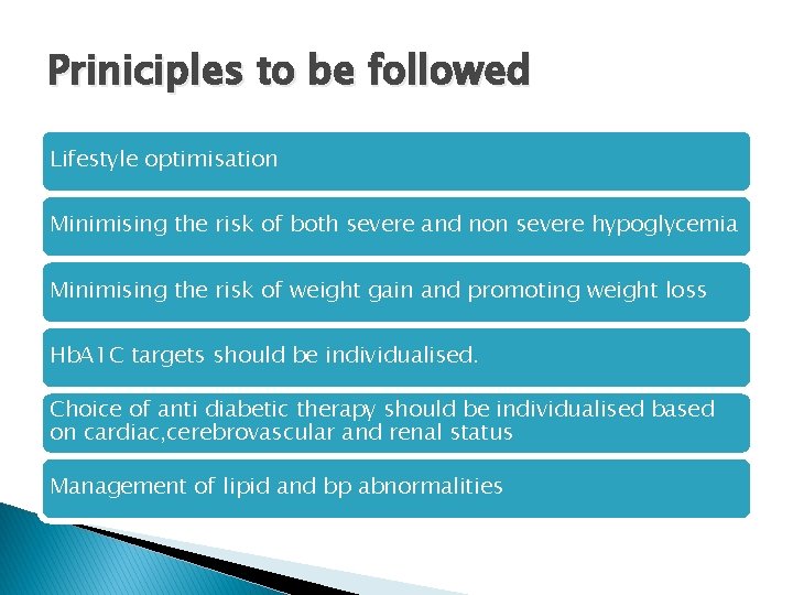 Priniciples to be followed Lifestyle optimisation Minimising the risk of both severe and non