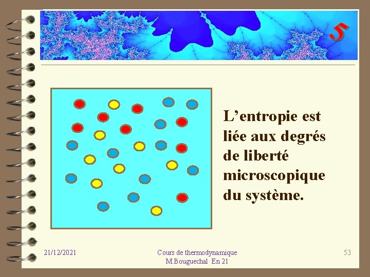 5 L’entropie est liée aux degrés de liberté microscopique du système. 21/12/2021 Cours de