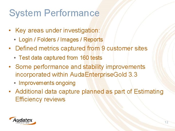 System Performance • Key areas under investigation: • Login / Folders / Images /