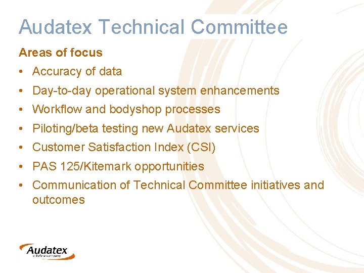 Audatex Technical Committee Areas of focus • Accuracy of data • Day-to-day operational system