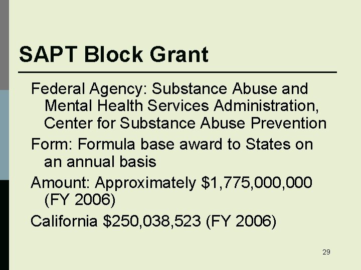 SAPT Block Grant Federal Agency: Substance Abuse and Mental Health Services Administration, Center for