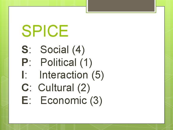 SPICE S: P: I: C: E: Social (4) Political (1) Interaction (5) Cultural (2)