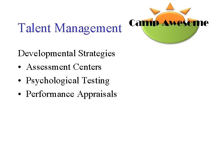 Talent Management Developmental Strategies • Assessment Centers • Psychological Testing • Performance Appraisals 