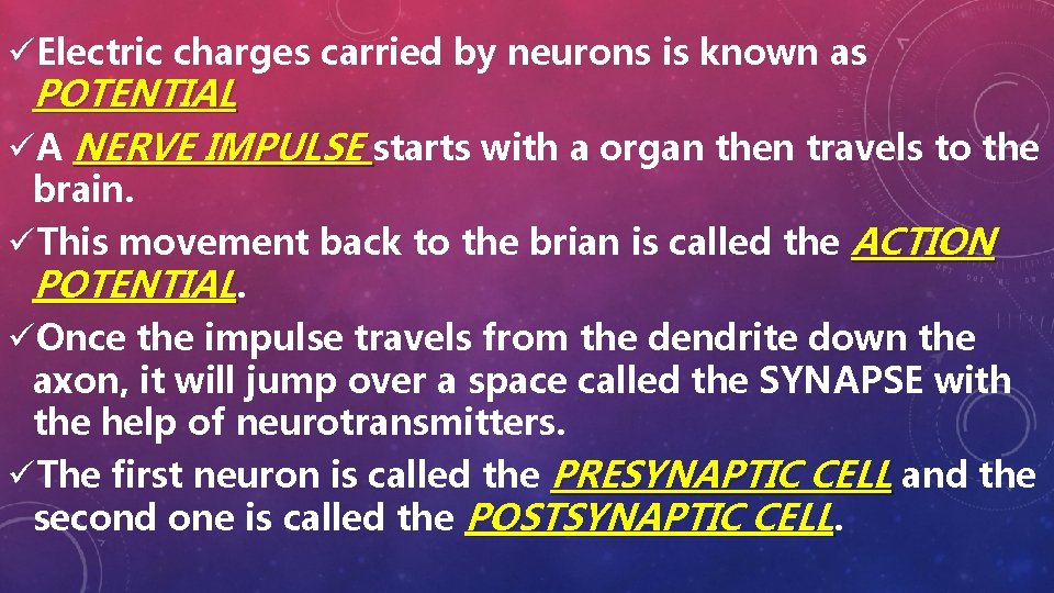 üElectric charges carried by neurons is known as POTENTIAL üA NERVE IMPULSE starts with