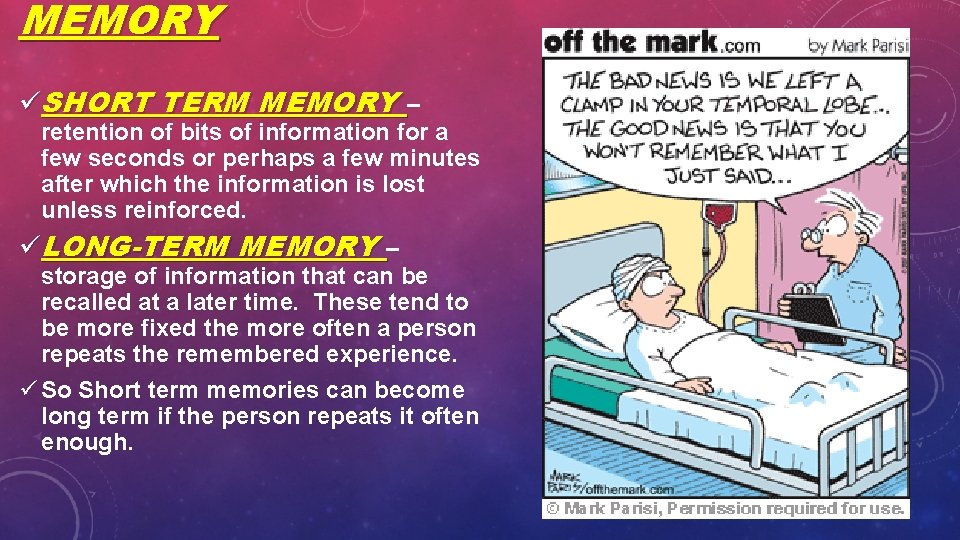 MEMORY üSHORT TERM MEMORY – retention of bits of information for a few seconds