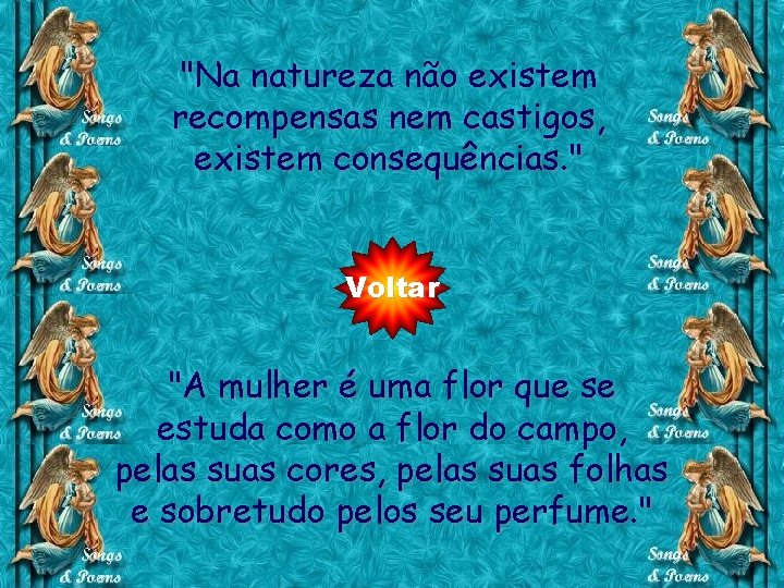 "Na natureza não existem recompensas nem castigos, existem consequências. " Voltar "A mulher é