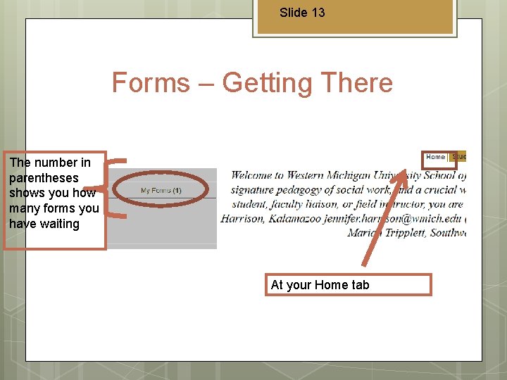 Slide 13 Forms – Getting There The number in parentheses shows you how many