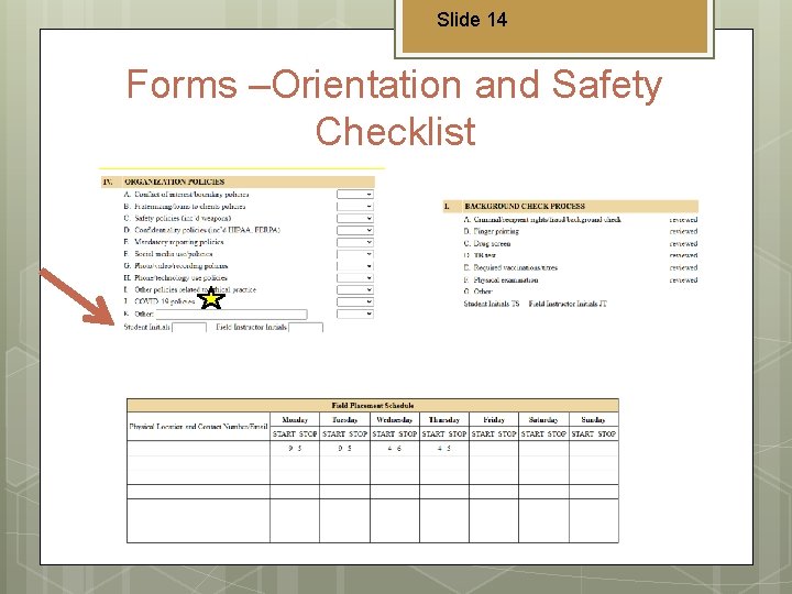 Slide 14 Forms –Orientation and Safety Checklist 