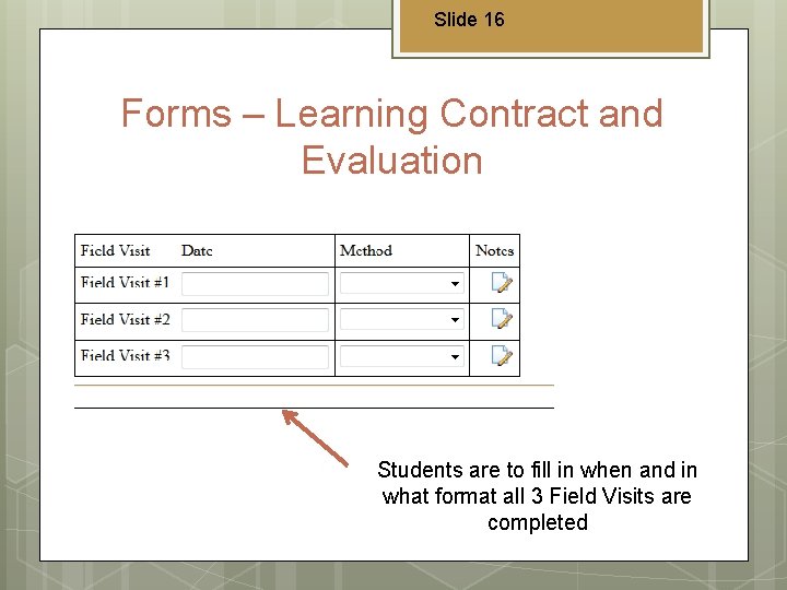 Slide 16 Forms – Learning Contract and Evaluation Students are to fill in when