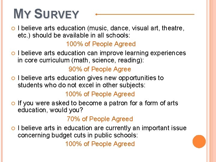 MY SURVEY I believe arts education (music, dance, visual art, theatre, etc. ) should