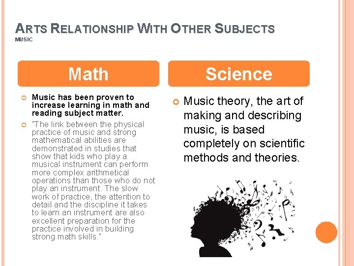 ARTS RELATIONSHIP WITH OTHER SUBJECTS MUSIC Math Music has been proven to increase learning