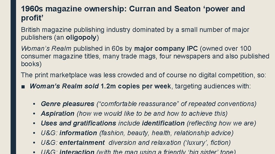 1960 s magazine ownership: Curran and Seaton ‘power and profit’ British magazine publishing industry