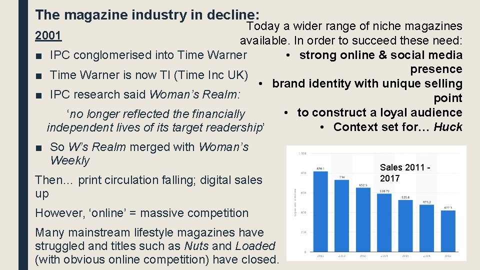 The magazine industry in decline: Today a wider range of niche magazines 2001 available.