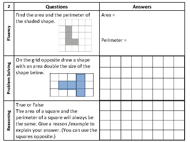 2 Questions Reasoning Problem Solving Fluency Find the area and the perimeter of the