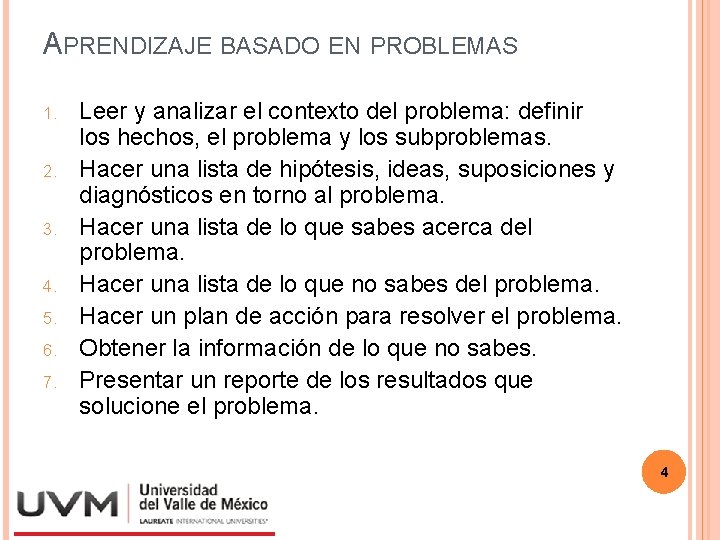 APRENDIZAJE BASADO EN PROBLEMAS 1. 2. 3. 4. 5. 6. 7. Leer y analizar