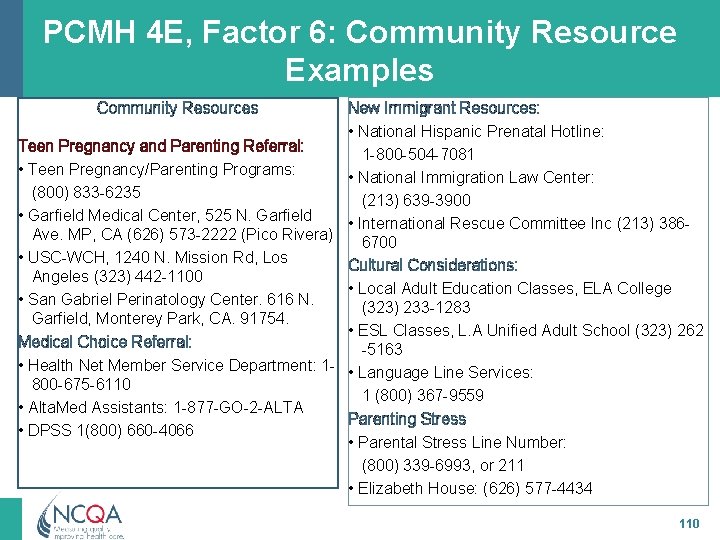 PCMH 4 E, Factor 6: Community Resource Examples Community Resources New Immigrant Resources: •