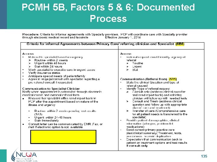 PCMH 5 B, Factors 5 & 6: Documented Process 135 