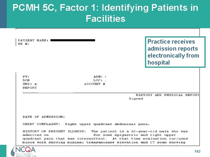 PCMH 5 C, Factor 1: Identifying Patients in Facilities Practice receives admission reports electronically