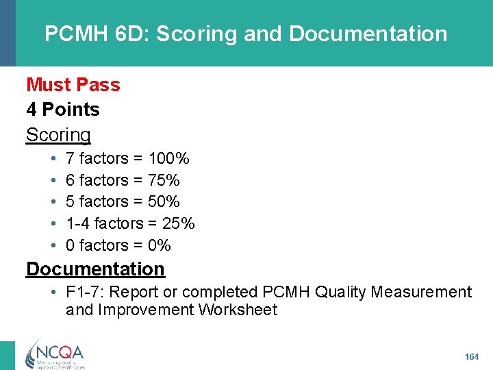 PCMH 6 D: Scoring and Documentation Must Pass 4 Points Scoring • • •