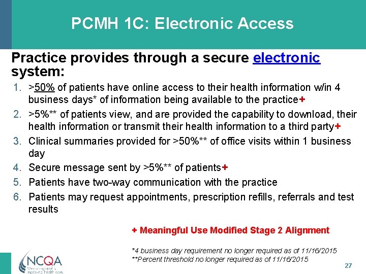 PCMH 1 C: Electronic Access Practice provides through a secure electronic system: 1. >50%