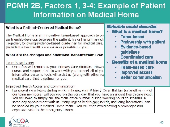 PCMH 2 B, Factors 1, 3 -4: Example of Patient Information on Medical Home