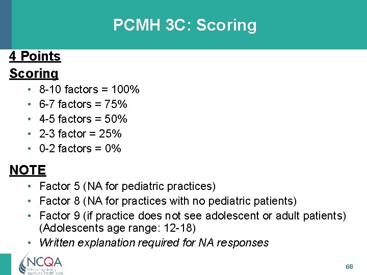 PCMH 3 C: Scoring 4 Points Scoring • • • 8 -10 factors =