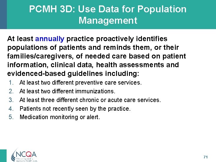 PCMH 3 D: Use Data for Population Management At least annually practice proactively identifies