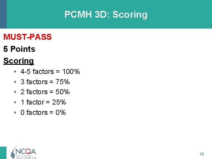 PCMH 3 D: Scoring MUST-PASS 5 Points Scoring • • • 4 -5 factors