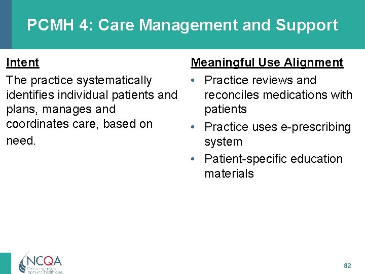 PCMH 4: Care Management and Support Intent The practice systematically identifies individual patients and