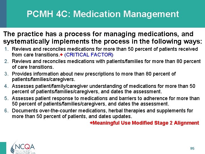 PCMH 4 C: Medication Management The practice has a process for managing medications, and