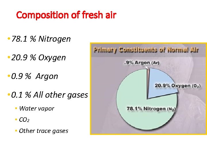 Composition of fresh air • 78. 1 % Nitrogen • 20. 9 % Oxygen