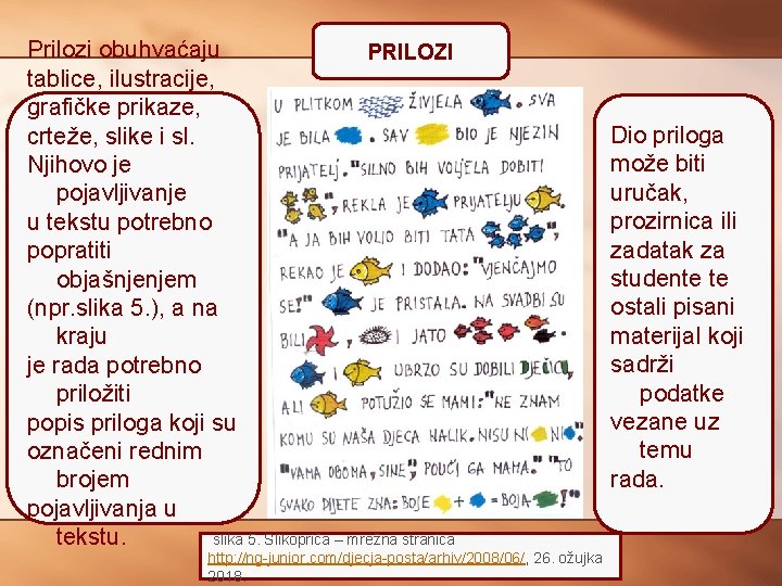 Prilozi obuhvaćaju PRILOZI tablice, ilustracije, grafičke prikaze, crteže, slike i sl. Njihovo je pojavljivanje