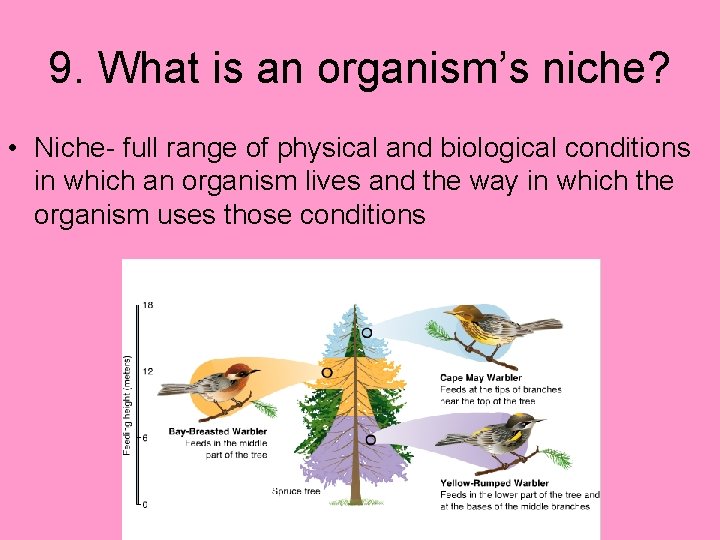 9. What is an organism’s niche? • Niche- full range of physical and biological