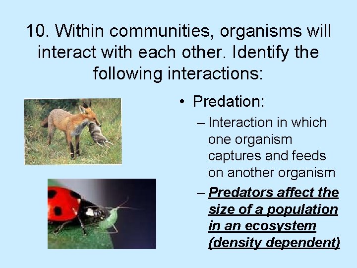 10. Within communities, organisms will interact with each other. Identify the following interactions: •
