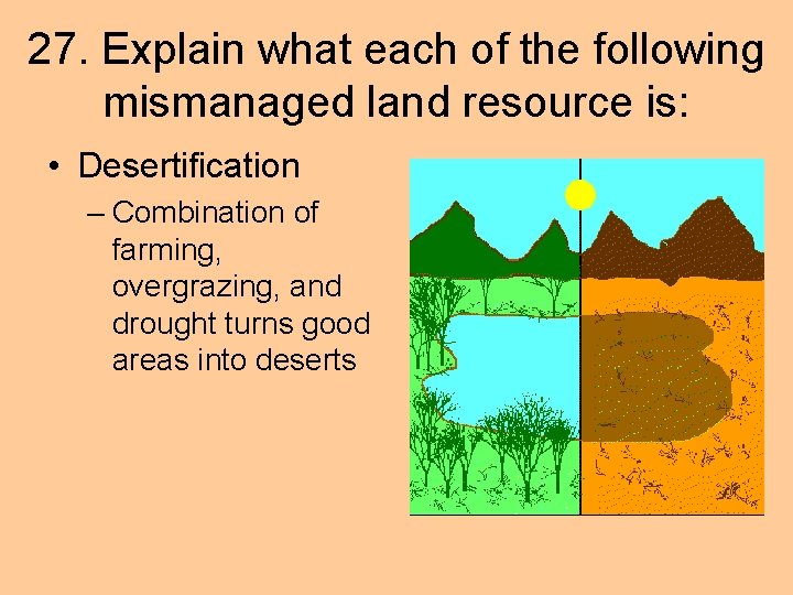 27. Explain what each of the following mismanaged land resource is: • Desertification –