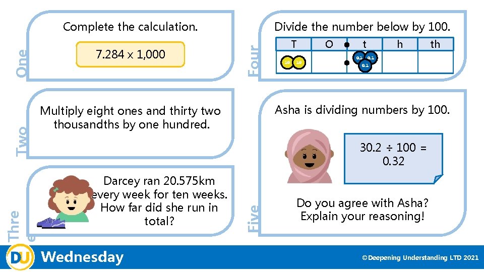 Divide the number below by 100. Four 7. 284 x 1, 000 T 10