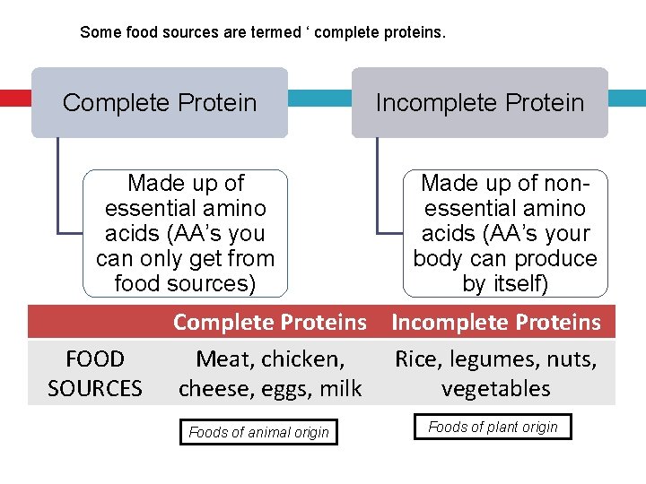 Some food sources are termed ‘ complete proteins. Complete Protein Made up of essential