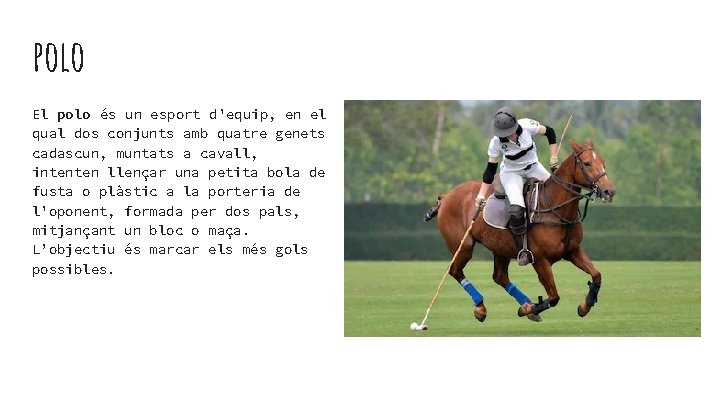 polo El polo és un esport d'equip, en el qual dos conjunts amb quatre