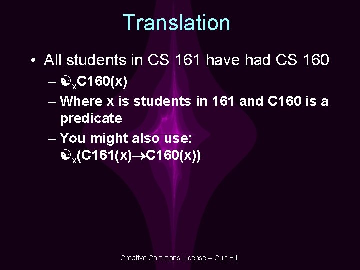 Translation • All students in CS 161 have had CS 160 – x. C