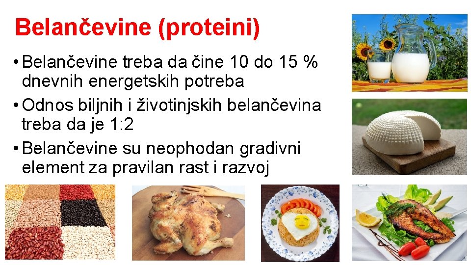 Belančevine (proteini) • Belančevine treba da čine 10 do 15 % dnevnih energetskih potreba