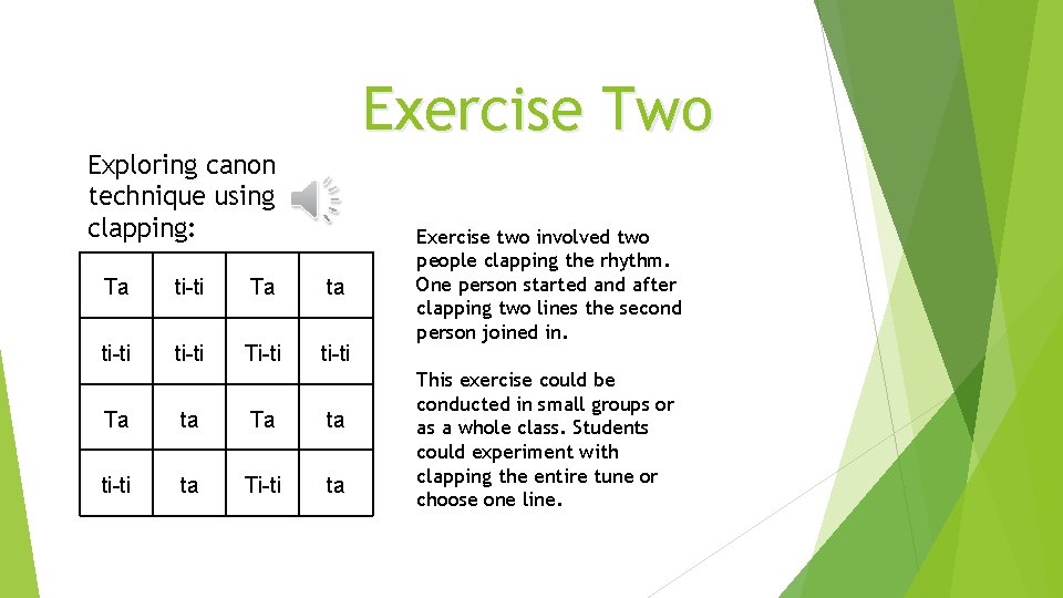Exercise Two Exploring canon technique using clapping: Ta ti-ti Ta ta ti-ti Ti-ti ti-ti