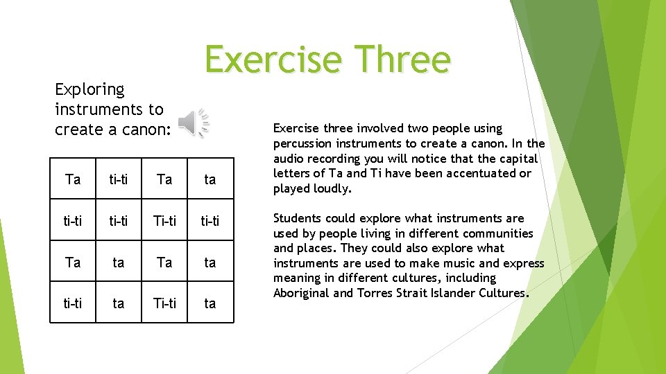 Exploring instruments to create a canon: Exercise Three Ta ti-ti Ta ta ti-ti Ti-ti