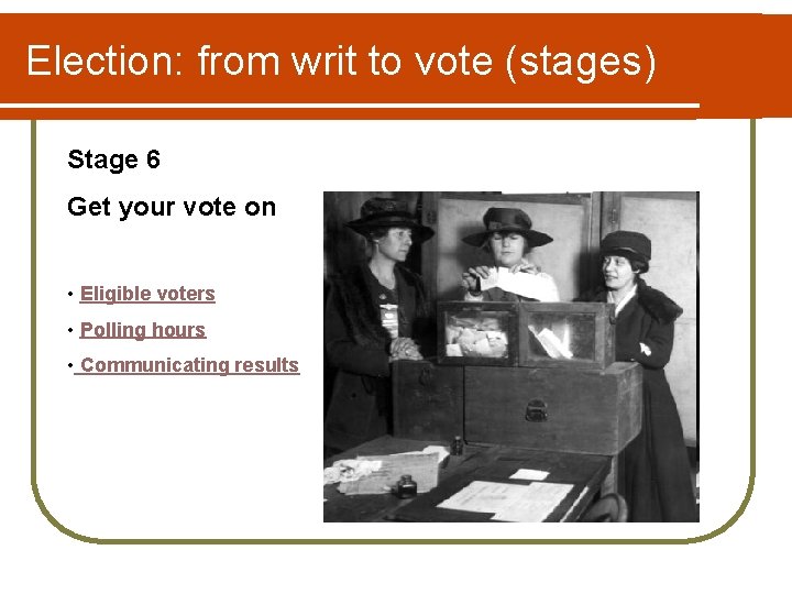 Election: from writ to vote (stages) Stage 6 Get your vote on • Eligible